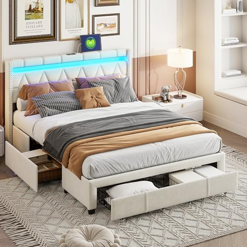 MOTUZP Letto matrimoniale imbottito 160 x 200 cm, letto funzionale con luce LED e porta USB, cassetta con cassetti, letto per ragazzi, rete a doghe