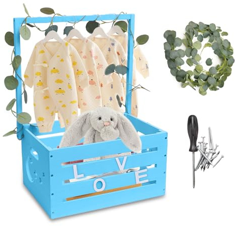Trä baby presentkorg, babyparty skåp praktisk med handtag, present babykorg för nyfödda, tvättkorg i trä, personlig babykorg för gravida kvinnor, nya föräldrar (blå)