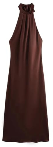 Robe en satin à col rond pour femme - Dos nu - Couleur unie - Sans manches - Robe longue trapèze, marron ,, M