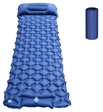 BYGD Matelas de Camping Autogonflant, Matelas de Plage-Bleu | Tapis de Sol Pneumatique avec Pompe à Pied Oreiller, Boutons sur Le côté pour Le Patchwork pour Tente, Randonnée, Plage