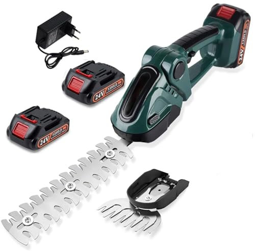 2 en 1 Cortasetos Bateria y Arreglasetos, 21V Cortasetos Electrico con Batería de 2000mAh y Cargador, Herramientas de Jardín, Tijeras de Poda, Tijeras de Césped (Verde con 2 Batería)