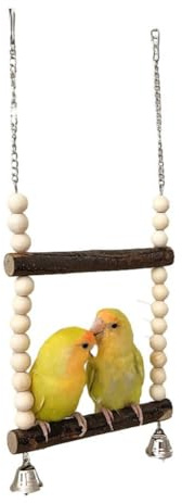 Steowsey Balançoire à oiseaux pour deux oiseaux, balançoire en bois avec cloche, balançoire à suspendre, balançoire pour petits oiseaux et perroquets (15 cm)