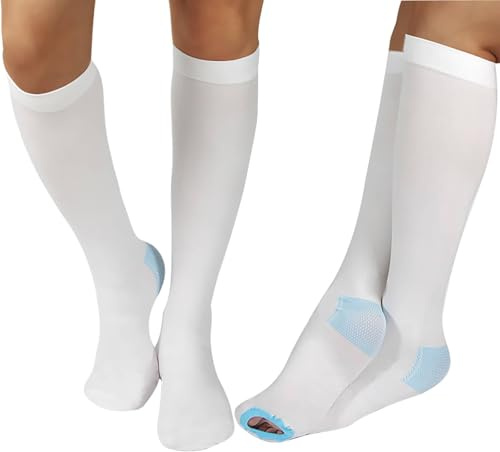 2 Pairs Medical Grade 15-20mmHg TED Hose Compression Stockings for Women & Men, Anti Embolism Knee-High Socks with Inspection Hole, Unisex White (X-Large)