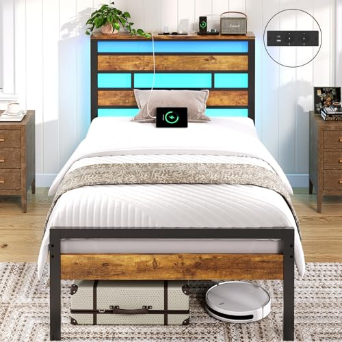 Brinlawb Lit 90x200cm en Métal avec Étagère de Rangement, Lit 1 Personne avec Lumières LED et Multiprise Cadre de lit 90x200 avec sommier Métal, Cadre en métal, Facile à assembler, Marron Vintage+Noir
