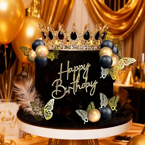 corona nera come decorazione per torte palline dorate corona di compleanno targa a farfalla dorata per compleanno o baby shower
