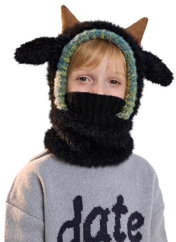 TAGVO Gorro Infantil de Invierno con Bufanda & Cubierta Facial, Beanie Suave Forrado de Polar con Divertidos Cuernos para Niños y Niñas 3–6 Años, Pasamontañas Cálido a Prueba de Viento