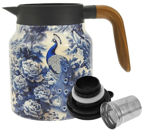 1000ML Insulated Tea Pot, Vintage Pattern Insulated Teapot Built-in Infuser, Stainless Steel Thermal Carafe, Thermal Jug, Teas Pot Infusers Teapot with Wood Handle for Coffee, Tea & Beverage
