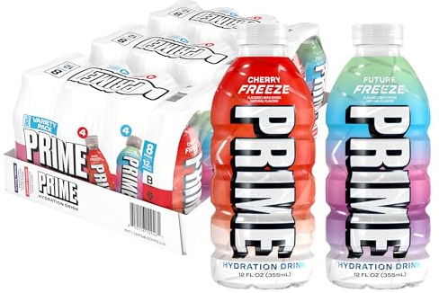 PRIME Hydration Cherry Freeze & Future Freeze Sports Drinks with Coconut Water, Electrolyte Enhanced to Replenish Fluids, Zero Added Sugar, B Vitamins, Antioxidants, Natural Flavors, 12 Fl Oz 24 Pack