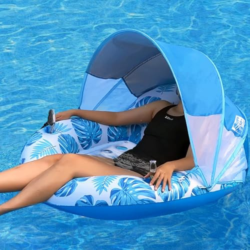 COOLCOOLDEE Pool Float with Canopy for Adults,Inflatable Lounge Chair with UPF 50+ Sun Protection,Backrest and Legrest,Blue