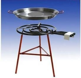 Juego de barbacoa Andalucia gigantesco para paella con 3 quemadores de gas de 70 cm (28 kW), sartén de 115 cm, pies reforzados, incluye manguera y reductor de presión.