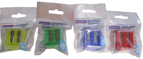 DONAU 7814001-99 Taille-crayon double avec récipient / 1 taille-crayon double/taille-crayon double / 30 x 29 x 42 mm/couleurs mélangées/pour enfants en bas âge fille garçon débutant
