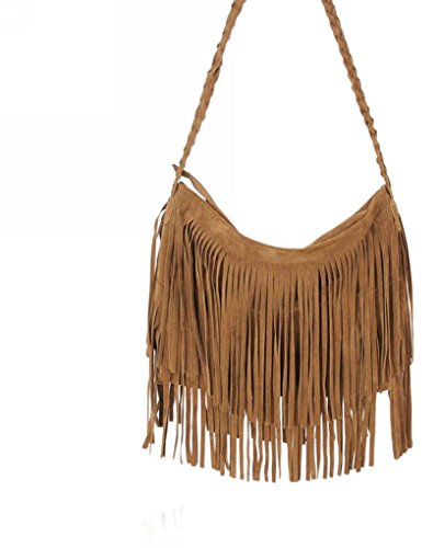BXT - Borsa a tracolla con frange, in velluto e cuoio, elegante, stile vintage, da donna, ragazza, marrone