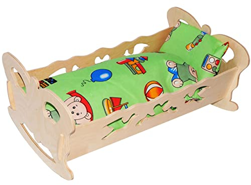alles-meine.de GmbH Set: Puppenwiege/Puppenbett - Schmetterling - Jungen Farben - aus Naturholz - für Puppen - incl. Bettzeug - Decke & Kopfkissen - Holz Wiege Kinderbett B..