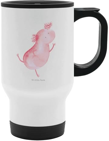 Mr. & Mrs. Panda Thermobecher Axolotl Tanzen - Geschenk, Lurch, Sterne, To Go Becher, Springen, Thermobecher To Go, Tasse mit Deckel, Thermotasse,