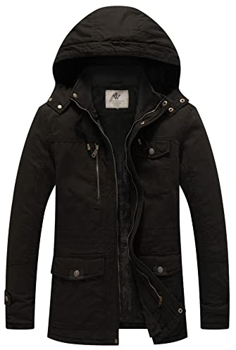 WenVen klassisk bomullsjacka för män, med fleecefoder, varm kappa, vinter, utomhus, parkas, jacka, medellång, vindtät, svart, S