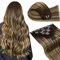 LaaVoo Extensions Clip in Echthaar Balayage Braun 120g 24 Zoll lang Dunkelbraun Verblassend zu Karamellbraun Clip on Extensions Echthaar Vollkopf Set Glatt 7Stücke 60cm #4/27/4
