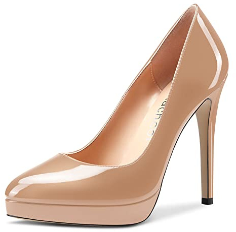 Aachcol Donna Piattaforma Spillo Alto High Tacco Heel Pumps Chiusa a Punta Slip-on Scarpe da Matrimonio Ufficio Feste Dress Classico 12 CM Beige Verniciata 39 EU