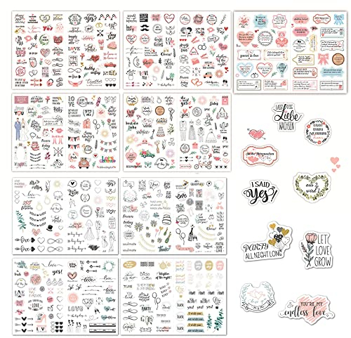 ZOOMPIL 496 Autocollant Mariage 9 Feuilles Autocollants pour Livre d'or Mariage Vintage Autocollants pour Scrapbooking Mariage Stickers Album Photos Cartes pour DIY Mariage Fotoalbum Fête
