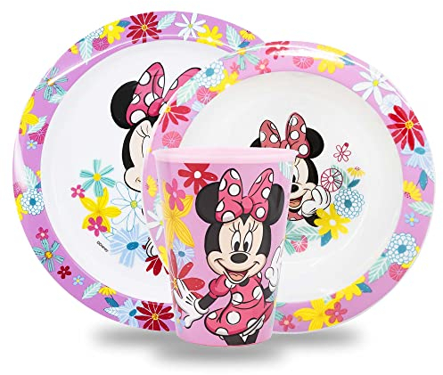 Sorrisini Vajilla Infantil Reutilizable Niños y Bebés Minnie Mouse, Juego de Platos de Plástico Infantiles para Niños, Vajilla con Plato, Tazón de Cereal y Vaso 260ml, Juego de Desayuno, Sin BPA