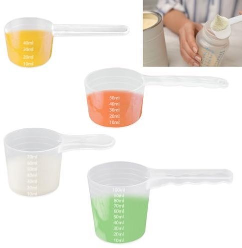 4 Pezzi Plastica Cucchiai Dosatori Trasparente con Scala, 40ml/50ml/70ml/100ml Grammi Misurino Proteine, Cucchiai Dosatori a Manico Lungo,Grammi Misurino per latte in polvere, polveri e liquidi
