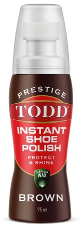 TODD PRESTIGE LIQUID SHOE POLISH BROWN with Carnauba Wax | Instant Shine and Protect for Shoes, Boots, Bags | 75ml Bottle with Sponge