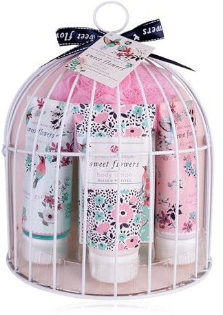 Accentra - Set da doccia per donne SWEET FLOWERS in bella gabbia per uccelli, 5 pezzi, set da bagno con gel doccia, lozione per il corpo, sapone, crema per le mani e spugna a rete – Set benessere per