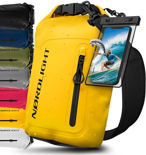 Nordlight Dry Bag Sacca Impermeabile + Custodia per Cellulare + Chiusura Arrotolabile, Tracolla | Zaino Impermeabile Sacca Stagna Borsa | Spiaggia, Canoa, SUP, Immersioni - Giallo, 10 Litri