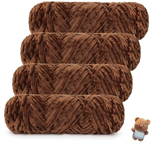 Coopay Laine chenille pour crochet, 400 g (4 x 100 g) de fil chenille velouté, super moelleuse, épaisse et douce, pour écharpe, couverture, pull - Caramel foncé