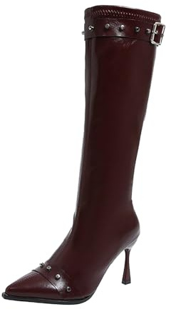 Stivali alti da donna eleganti in pelle con punta aguzza stivaletti con tacco alto stivaletti al ginocchio con fibbia per cintura, borchie e cerniera laterale stivaletti da donna facili da indossare