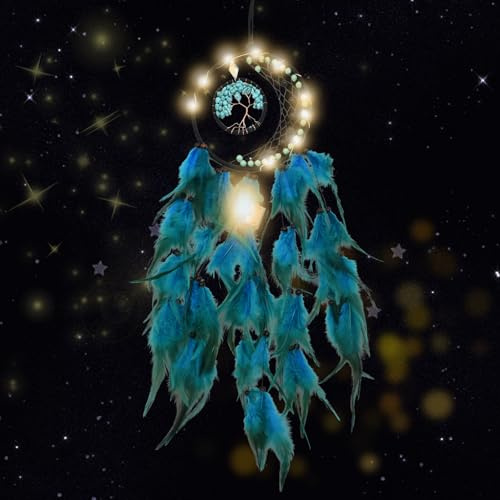 Kikuo AtrapasueñOs Arbol de la Vida, Hecho a Mano Plumas Atrapa Sueños para Pared, Vintage Estilo Bohemio Atrapasueños para Decoraciones de Boda, Dormitorio, Coche, Habitación Infantil(Azul)