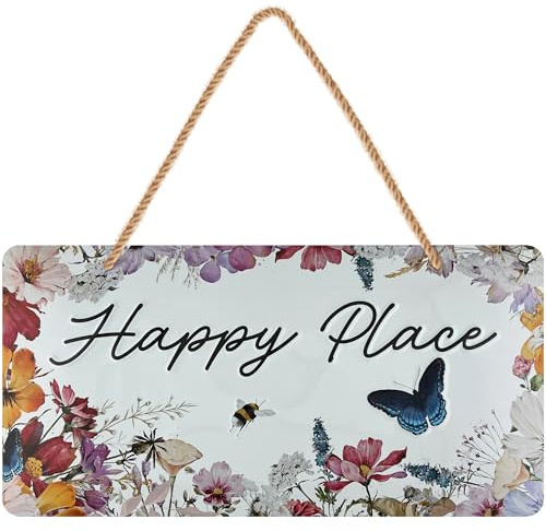 LANOLU retro Blechschild, Happy Place Schild für Garten Balkonien, wetterfestes Gartenschild Metall mit Spruch, Willkommensschild Deko, Kordelanhänger, 16x32 cm