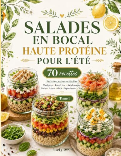 Salades en bocal haute protéine pour l’été: 70 recettes fraîches, saines et faciles pour le meal prep, les lunch box, les salades repas au poulet, poisson, œufs, légumineuses, tofu