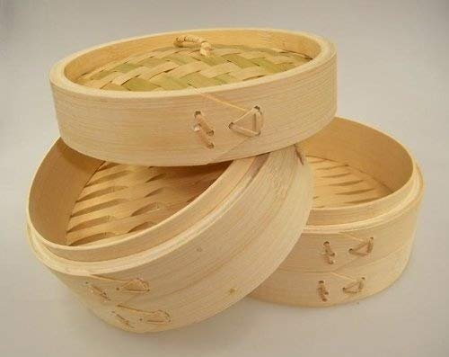 Bambusdämpfer 3-teiliges Set Ø 15cm STABILE AUSFÜHRUNG Bamboo Steamer