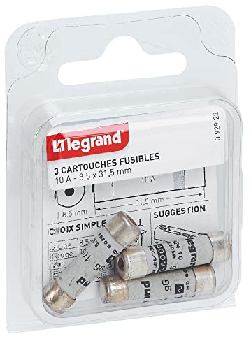 Legrand - Cartouches fusibles pour porte-fusibles - avec témoin - 8,5x31,5mm - 10A, Gris