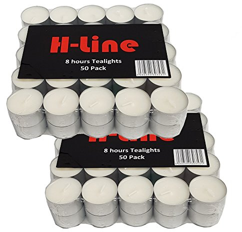 H-line Unscented Tea Lights Candles - 100 Pack Long Lasting 8 Hour Burn Time Smoke Free Bright Flame - Ideal for Weddings,Events,Aromatherapy,Home,Emergency Use Premium Quality Energy Class A+