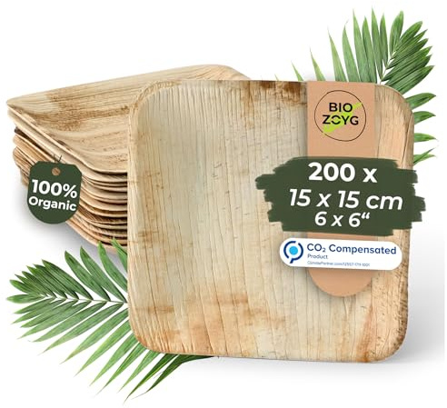 BIOZOYG 200x de platos de hoja de palma 15 x 15 cm - Platos desechables compostables y naturales - Vajilla de fiesta cuadrada