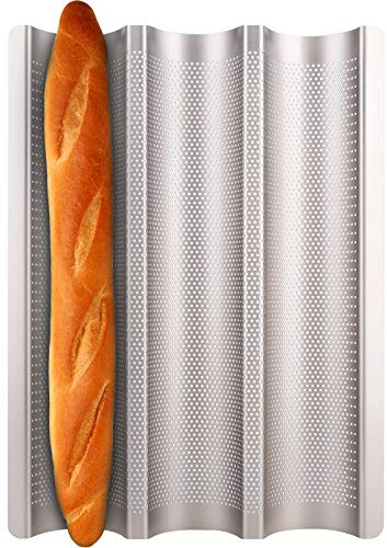 Fulimax Baguette Pan, French Bread Pans For Baking Pan, Nonstick 3 Slots Perforated Italian Loaf Pan Mold Long French Bread Pan,Golden