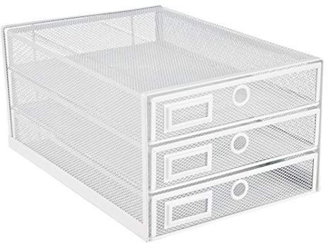 Annova Desk Organizer Wire Mesh 3 Tier Sliding Drawers Paper Sorter (White)