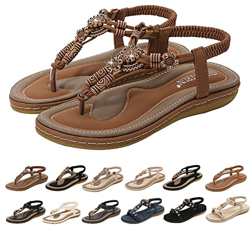 Ladies Sandals Summer Beach Flip Flops Women Bohemian Shoes Elastic T-Strap Flat Sandals Clip Toe Slingback Boho Sandals Slip On Post Thongs Casual Walking Shoes Anti Slip Wide Fit (44-ABrown,6)