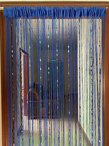 ZiDeTang Tenda divisoria per porta con bottoni e perline, frange e nappe, per soggiorno (1 x 2 m, blu scuro)