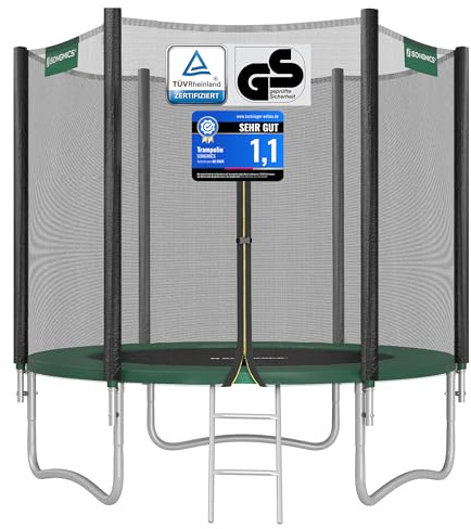 SONGMICS Cama Elástica, 244 cm, Trampolín para Niños con Red, Cojín de Seguridad, Escalera, Mástil Recto de 180 cm de Altura, Marco de Acero, Verde Oscuro STR081C01