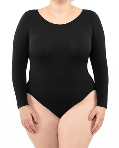 LEELA LAB Body Donna Taglie Forti a Costine, con Manica Lunga in Morbida Microfibra, Chiusura Regolabile, Realizzato con Tecnologia Seamless Senza Cuciture – Made in Italy (Black, XXL)