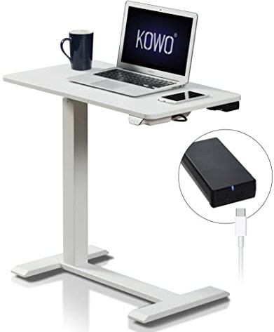 kowo Overbed Table with Rechargeable Battery, Electric Height Adjustable Laptop Table on Wheels for Bed & Sofa, 70 x 40 cm, White