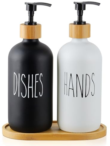 Chuboir Glass Soap Dispenser Set of 2, Dish and Hand Soap Dispenser with Bamboo Tray,17 Oz Refillable Liquid Soap Pump Bottle Dispenser for Kitchen, Bathroom, Countertop, Laundry Room