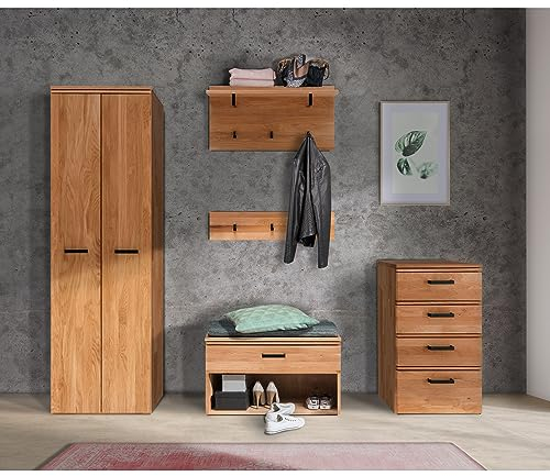 Flur Garderoben komplett Set Dielenschrank Garderobenpaneel Hakenleiste Bank Kommode in Eiche massiv geölt, B/H/T: ca. 230/200/39 cm
