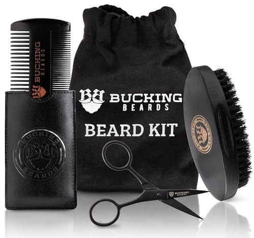 Bucking Beards Beard Care Starter Kit, Brush Comb Scissors & Travel Bag