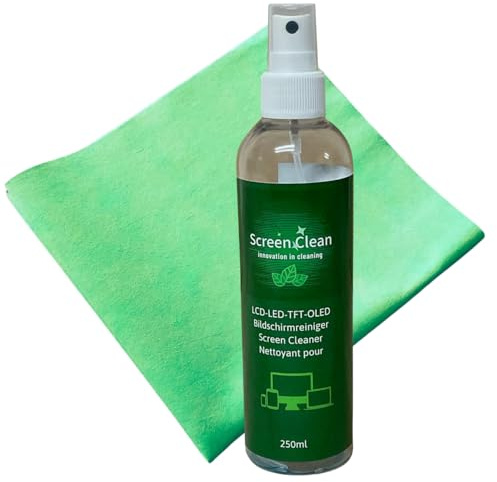 ROGGE ScreenClean DUOSet 250 ml inkl. Vileda Professional mikrofiberduk. 100 % R-PET sprayflaska. Mycket ekonomisk och mycket effektiv skärmrengöring för LCD-TFT-OLED-LED och TV-skärmar.