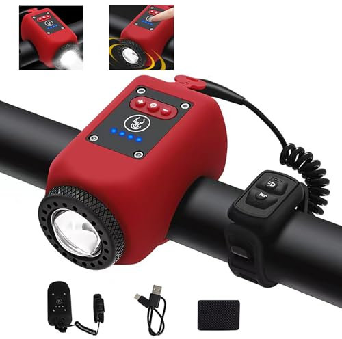 TINGSING Bocina electrónica con luz mini timbre para bicicleta, 6 tonos, recargable, USB-C E-Bell, volumen ajustable, 4 modos de luz, resistente al agua (rojo)