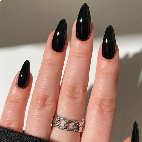 GlamRays Lot de 24 faux ongles noirs à coller, en forme d’amande, de longueur moyenne, pour femmes