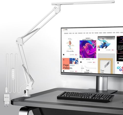 Schreibtischlampe für das Heimbüro, Schreibtischlampe Klemmbar , Architektenleuchte mit QC3.0 Adapter, Fresnel Linse, Tischlampe, 5 Farbmodi und Helligkeit, Klemmlampe mit Speicherfunktion, Weiß